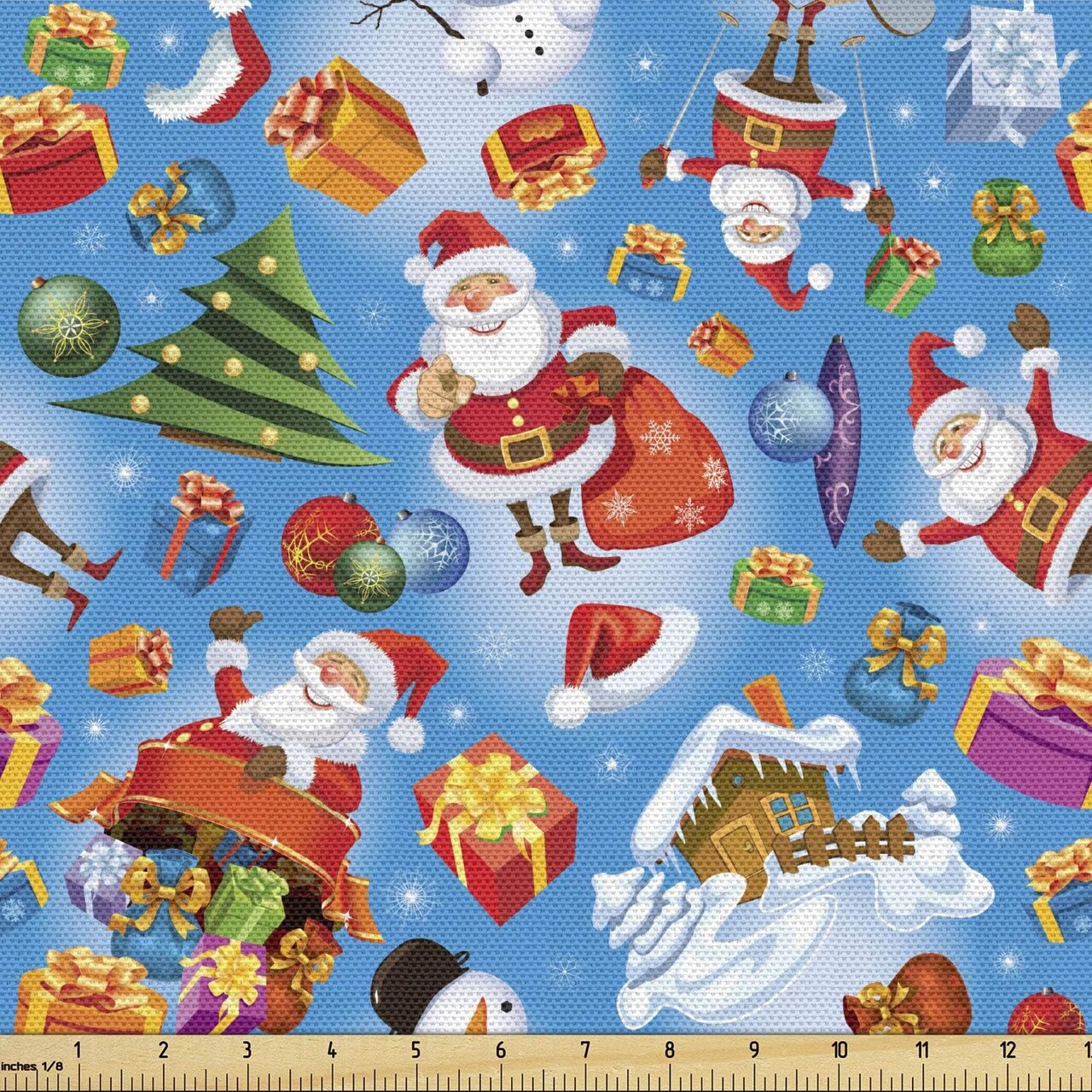 Christmas Fabric by The Yard, Santa Claus Themed Pattern Merry Christmas Jolly Present Cartoon Art Motifs, Decorative Fabric for Upholstery and Home Accents, 1 Yard, Blue